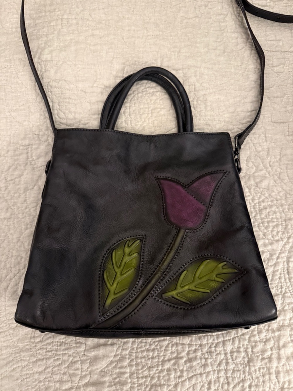Black Leather Tote with Purple Tulip and Green Leaf Appliqué